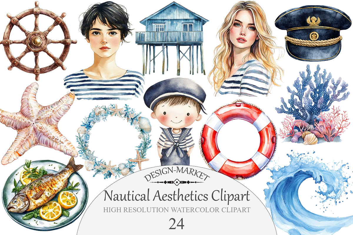 Watercolor Nautical Aesthetics Clipa, an Illustration by Design Market (Photo 1 of 3)