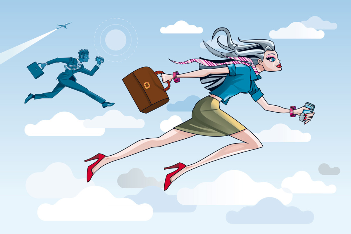Businesswoman Running Through Clouds, a Work Illustration by ÁRTICA