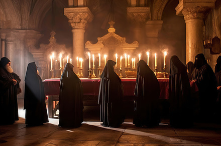 Franciscan Monks in Solemn Prayer Around The Crucifixion Altar Lit by Candles, a Photo by AS photostudio