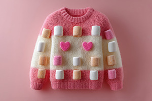 Playful pink and white fuzzy sweater decorated with soft marshma, a Photo by José Manuel Gelpi