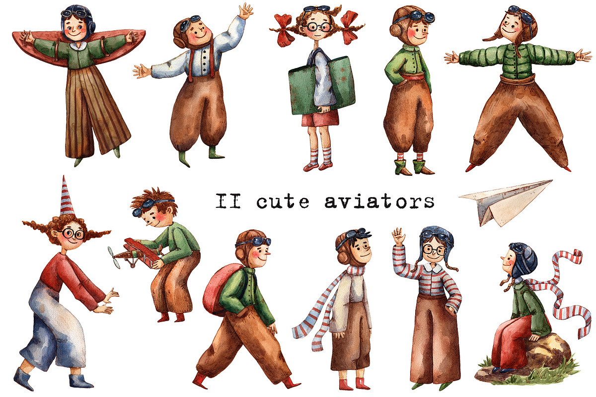 Aviators - Watercolor Clipart Set, a Texture Illustration by Mashamashastu (Photo 2 of 13)