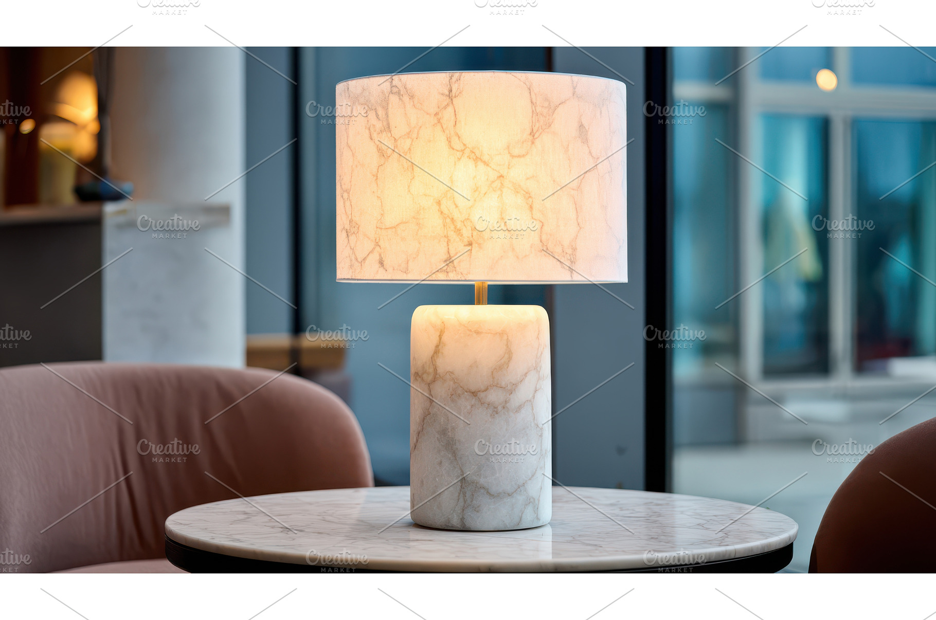 Sleek lamp illuminating a marble, an Architecture Photo by Lermont51