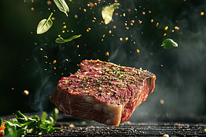 Fresh beef steak on the grill with falling herbs and spices, a Food & Drink Photo by AlyaAnd