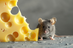 Little mouse with cheese on grey background, an Animal Photo by AlyaAnd