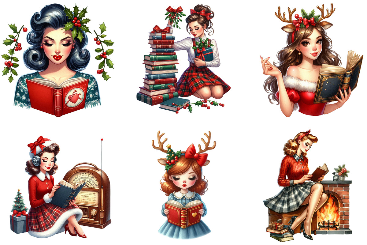 Christmas Pin Up Girls with Book, an Illustration by DreamArtGraphic (Photo 3 of 4)