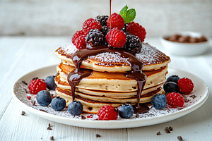 Fluffy pancakes topped with fresh berries and pouring melted chocolate syrup, a Food & Drink Photo by AlyaAnd