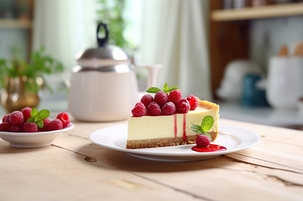 Piece of cheesecake with fresh berries on wooden background, a Food & Drink Photo by AlyaAnd