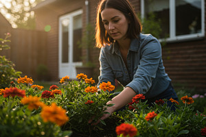 Woman tending vibrant flowers, a Person Photo by professorinc