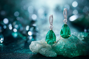 Emerald teardrop earrings with diamonds on raw green gemstone, r, a Photo by Studio ANNA