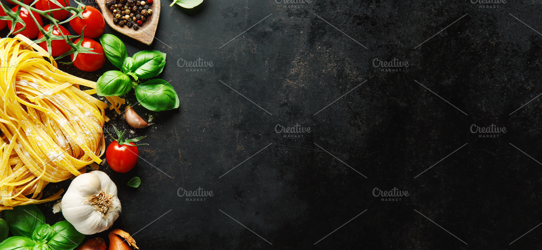 Italian food background on dark stock photo containing food and italian, a Food & Drink Photo by Valeria Art