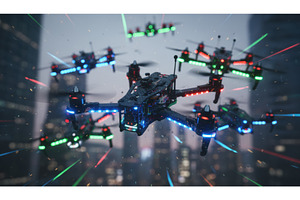 Group of lit up racing drones flying, a Sports & Recreation Photo by Igor Tichonow