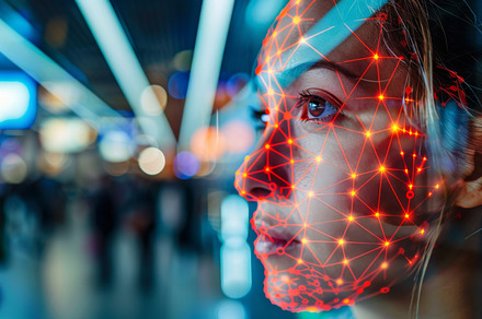 Woman face with digital grid pattern on dark blue background, au, a Photo by Dvoevnore photos