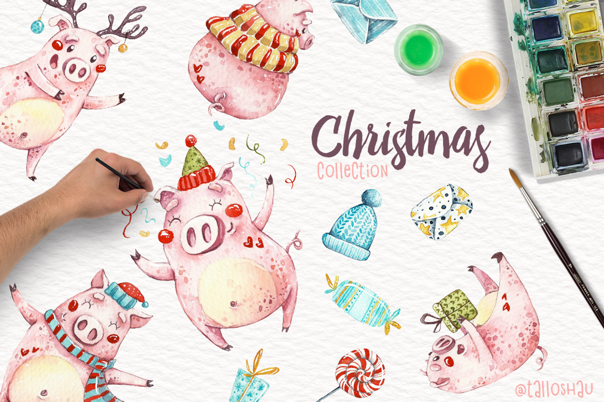 Watercolor Christmas pigs, an Animal Illustration by talloshau's illustrations (Photo 1 of 5)