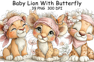 Baby Lion With Butterfly Clipart, an Illustration by CraftArtStudio