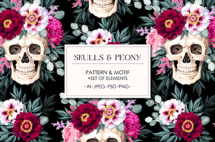 Skulls and Peony Pattern, a Pattern Graphic by GreyLilac