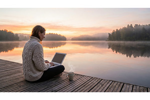 Woman at Lake Sunrise, a Nature Photo by CREATIVEDEF
