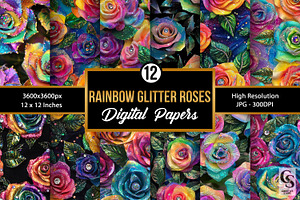 Rainbow Glitter Neon Roses Pattern, a Pattern Graphic by Creative Store