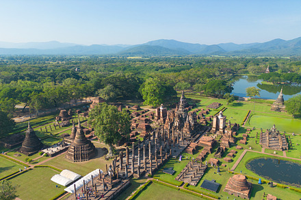 Aerial view of Sukhothai Historical Park, buddha pagoda stupa in