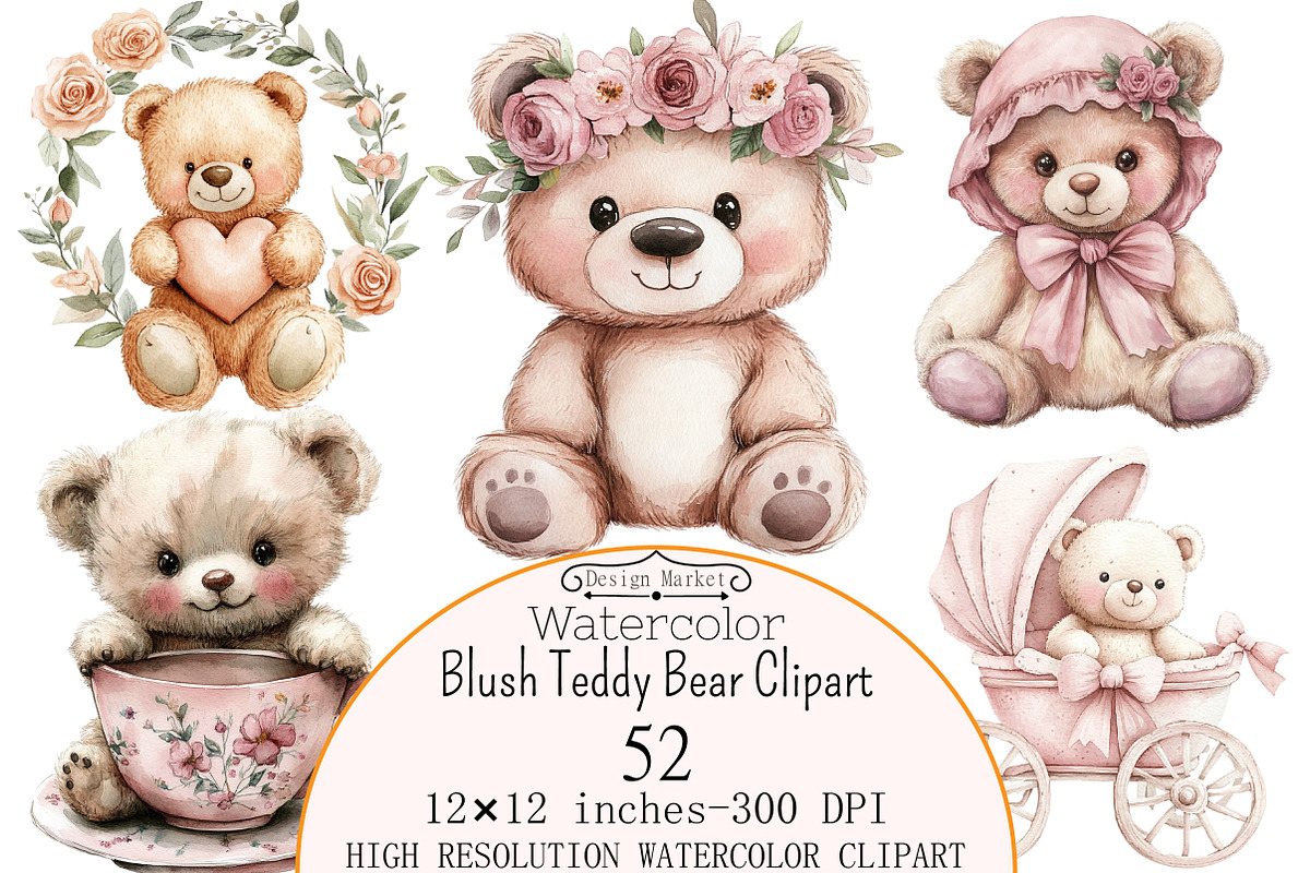 Watercolor Blush Teddy Bear Clipart, a Seasonal Illustration by Design Market (Photo 1 of 5)