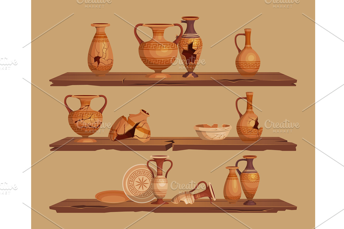 Cracked jugs on shelves. old style, an Illustration by Onyx