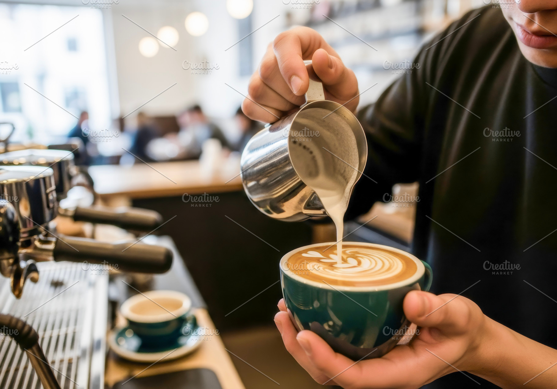 barista pouring cappuccino, a Photo by rarrarorro