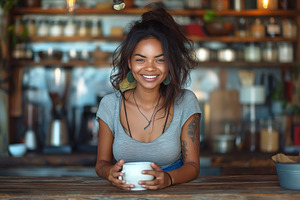 Smiling young woman with curly hair and tattoos enjoys a cup of, a Person Photo by ImageMir