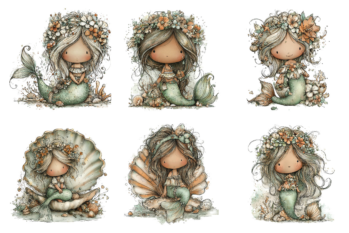 Whimsical summer mermaid clipart, an Illustration by SinaCreation (Photo 8 of 11)