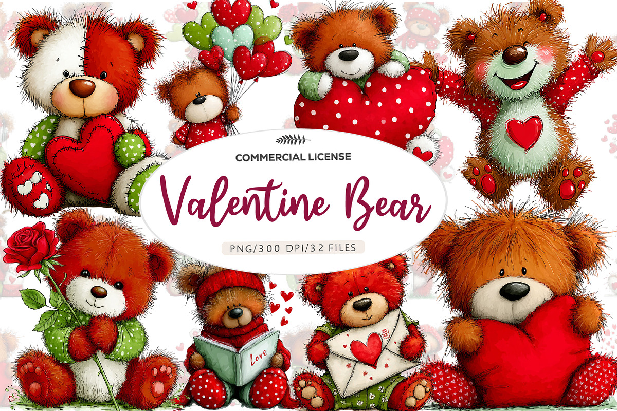 whimsical valentine bear clipart bun, an Illustration by CreationArt (Photo 1 of 6)