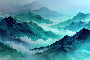 Serene Teal Mountains Watercolor Lan, a Photo by Pixeness Studio