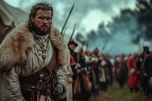 A rugged warrior dressed in historical attire with a fur cloak, standing in a b, a Person Photo by Textures & Backgrounds
