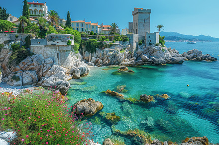 Scenic Coastal Village with Historic Castle and Turquoise Sea, a Photo by AS photostudio