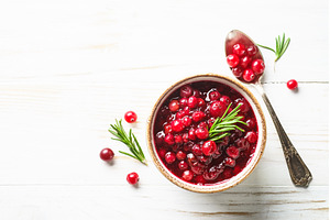 Cranberry sauce in a bowl top view., a Food & Drink Photo by Nadia-nb