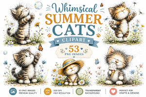 Whimsical Summer Cats Clipart PNG, an Animal Illustration by Craft Nest