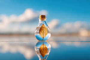 Delicate transparent vase with a golden leaf reflecting on a shiny surface outd, a Photo by AlyaAnd