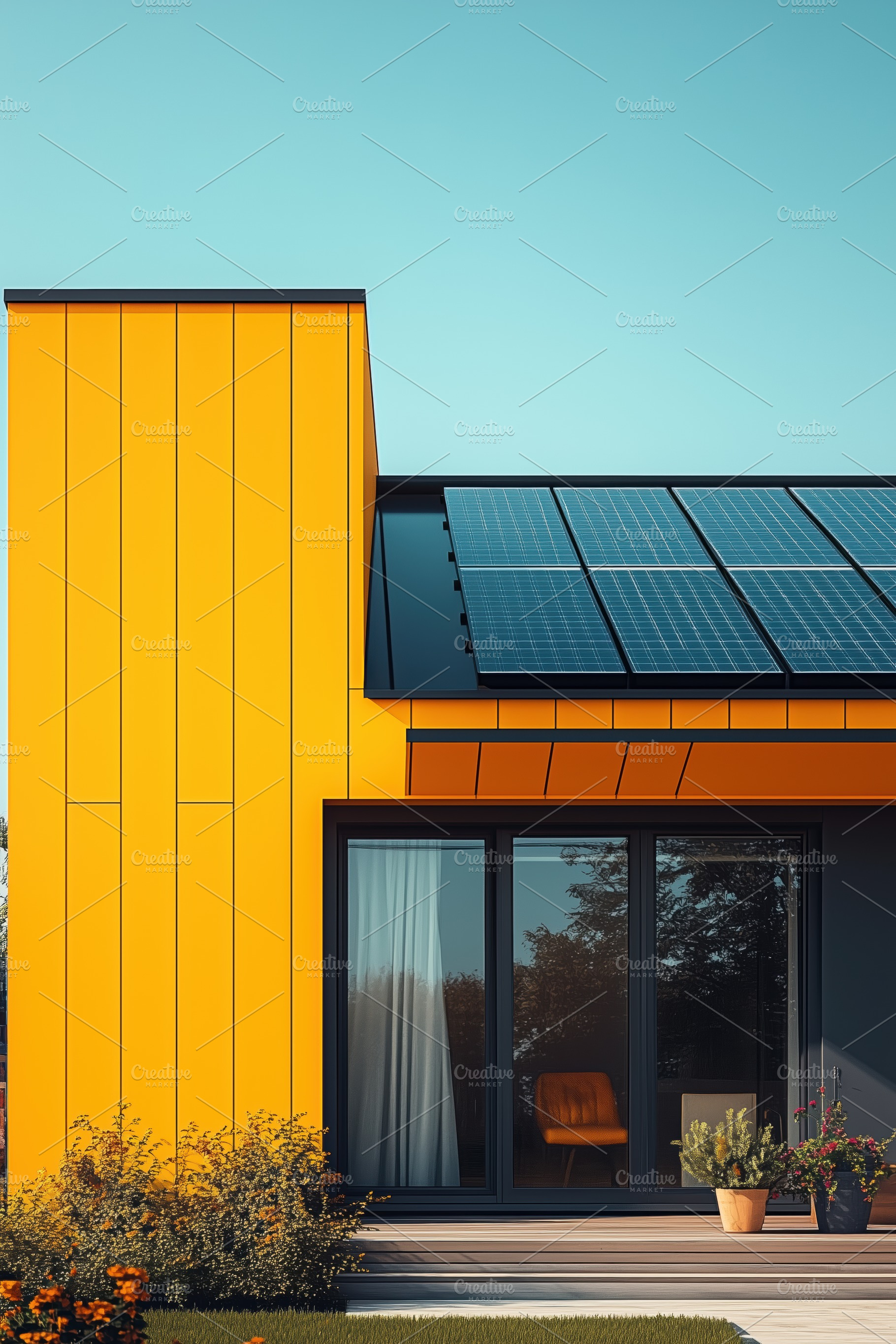A modern house with bright yellow exterior and solar panels on the roof. The de, an Industrial Photo by Textures & Backgrounds