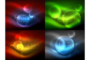 Set Of Blurred Neon Glowing Circles, Hi-tech Modern Bubble Templates, Techno Glowing Glass Round Shapes Or Spheres. Geometric Abstract Backgrounds