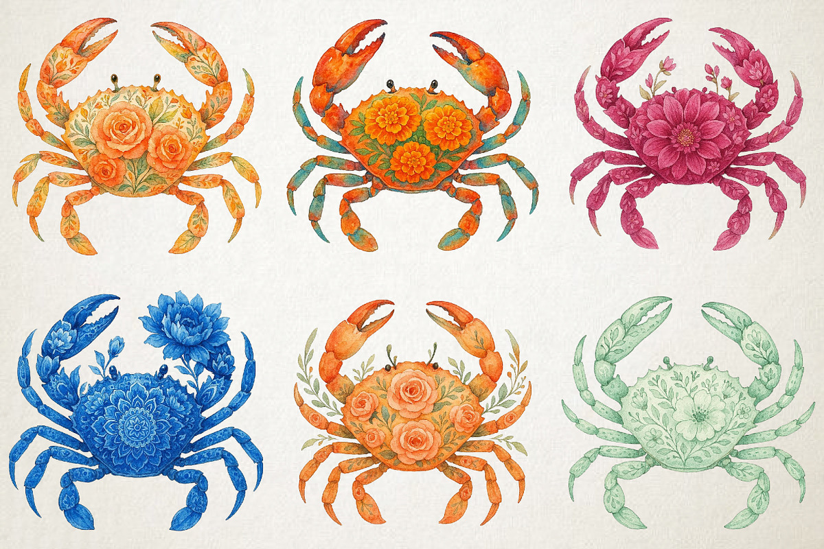 Watercolor Floral Crabs PNG Clipart, an Animal Illustration by RobertsArt (Photo 2 of 6)