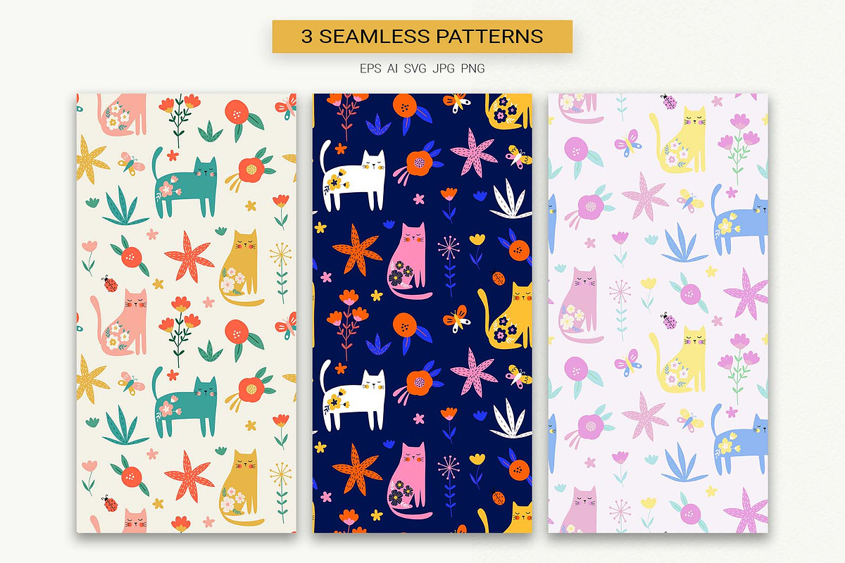 Floral Cats Seamless Patterns, a Pattern Graphic by Irina Ostapenko (Photo 2 of 4)