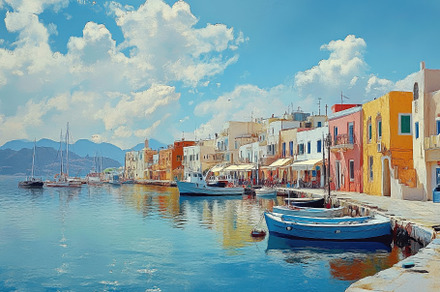 Vibrant harbor of Milos with colorfu, a Photo by Iftikhar Alam