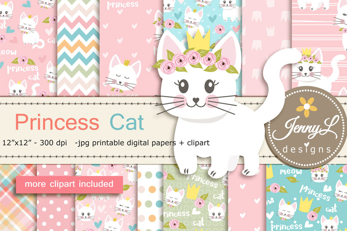Princess Cat Digital Paper Clipart, a Pattern Graphic by JennyL Designs (Photo 1 of 7)