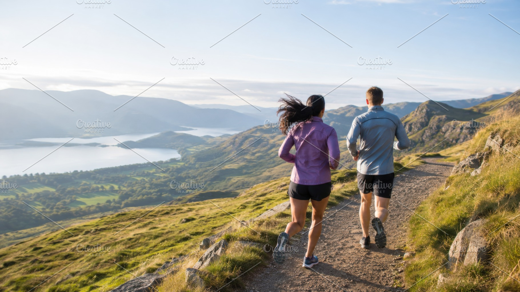 Running on scenic trail with mountai, a Photo by Dvoevnore photos