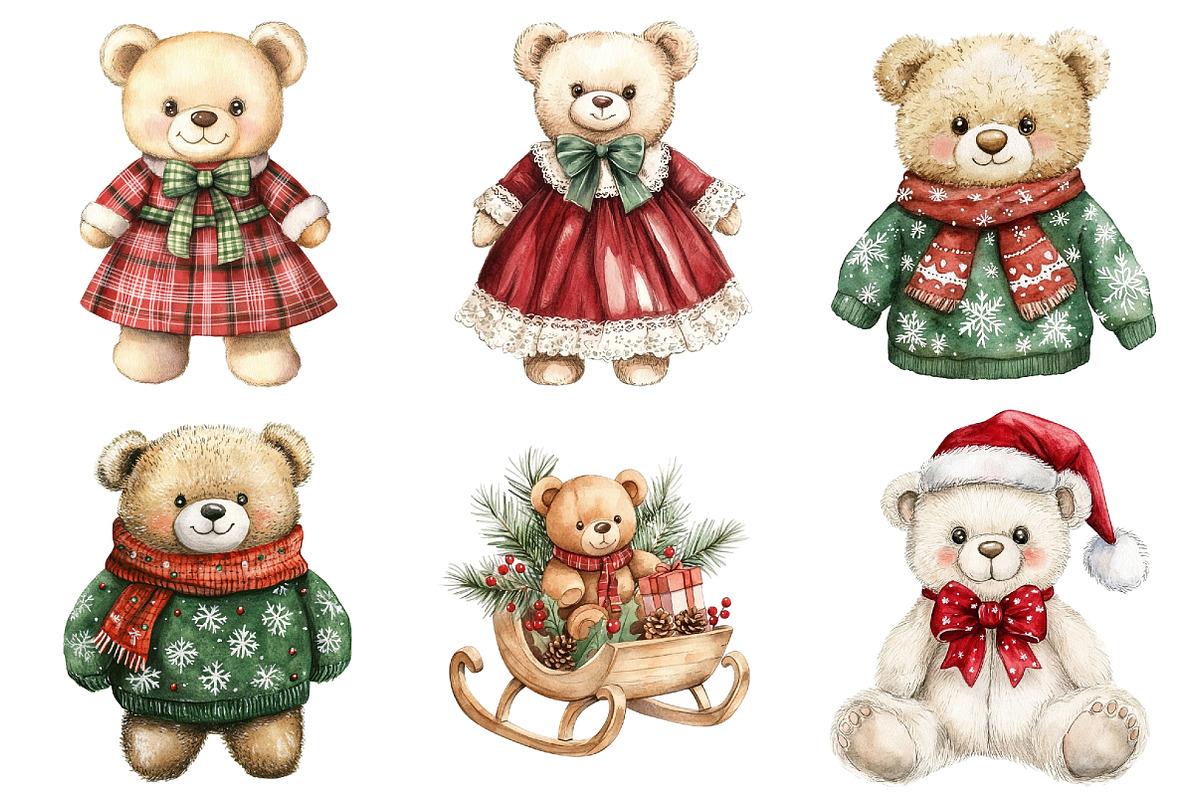 Watercolor Christmas Teddy Bear Clip, a Seasonal Illustration by CitraGraphics (Photo 5 of 7)