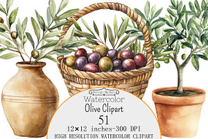 Watercolor Olive Clipart, a Seasonal Illustration by Design Market