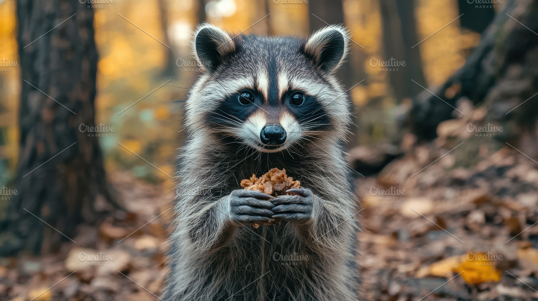 Raccoon enjoying a snack in the fore, an Animal Photo by Pixeness Studio