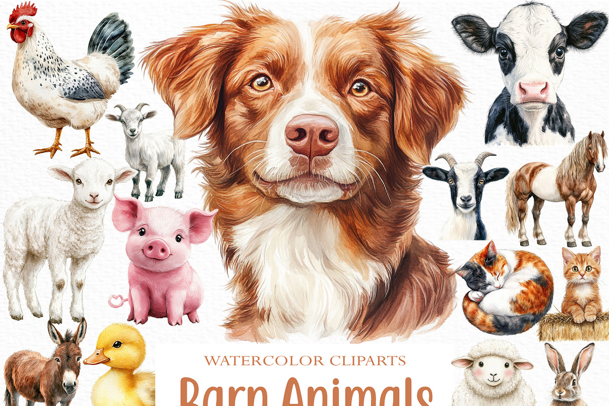 Barn Animals Watercolor Clipart, an Illustration by Craft Nest (Photo 1 of 6)