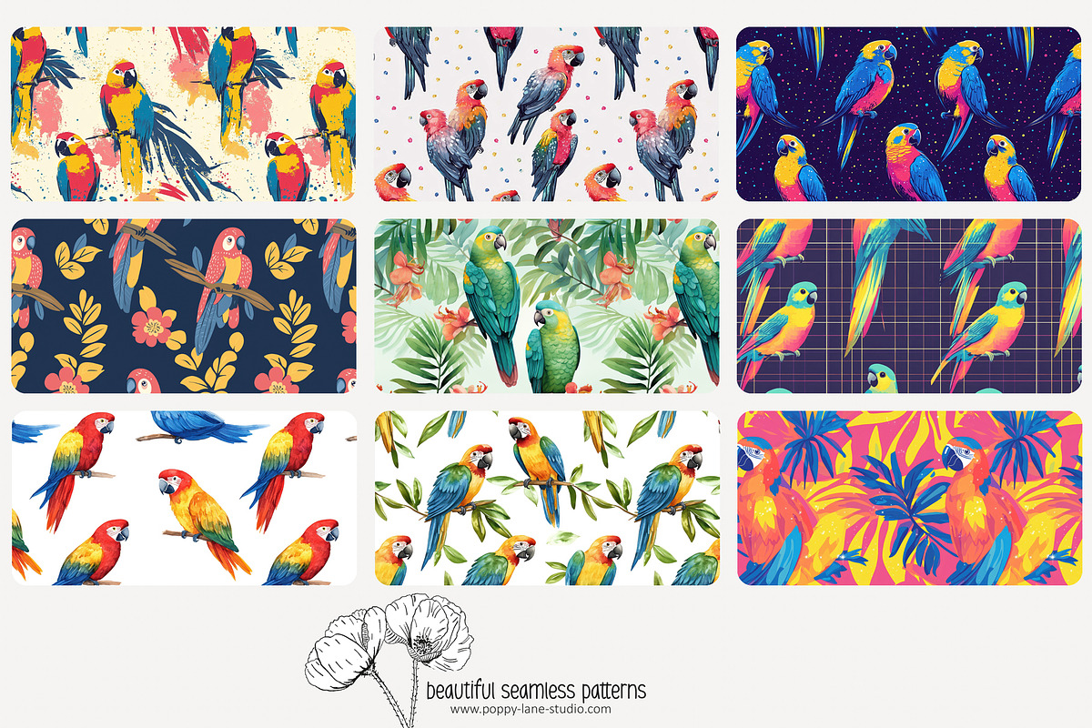 70 parrot seamless pattern, a Pattern Graphic by Poppy Lane Studio