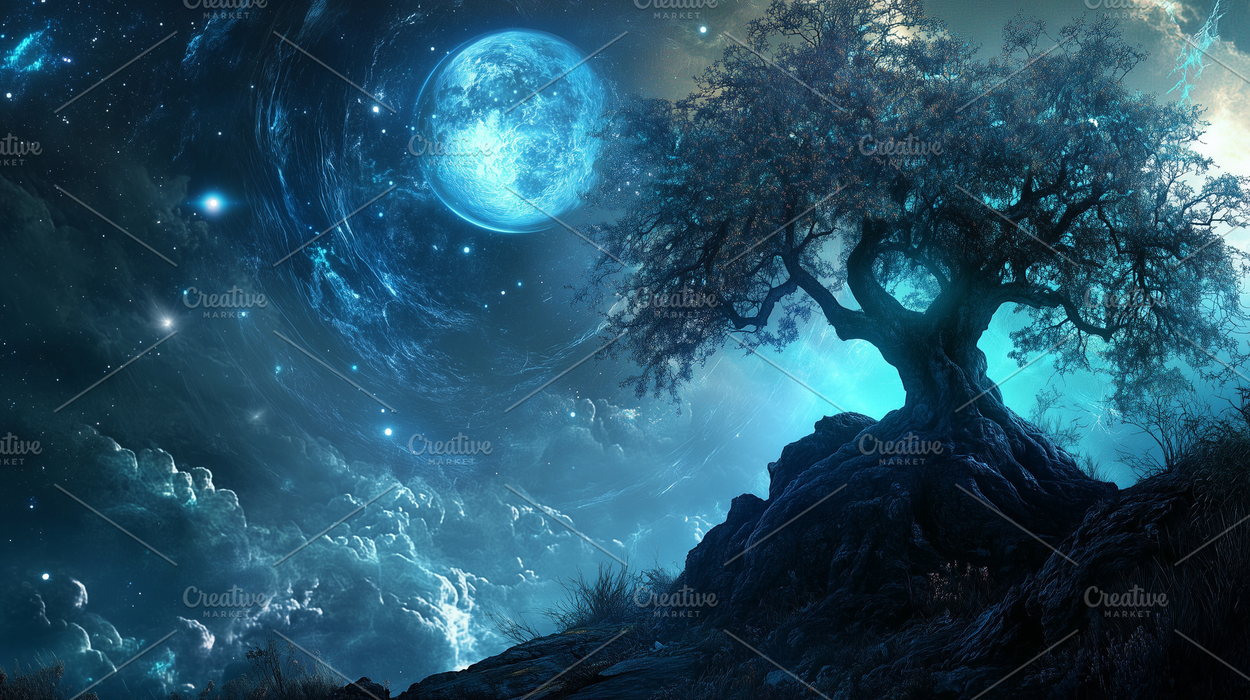 Blue moon and lonely tree landscape, a Nature Photo by MistyDay