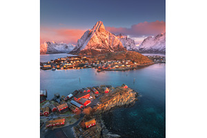 Aerial view of Reine village at pink, a Nature Photo by den-belitsky