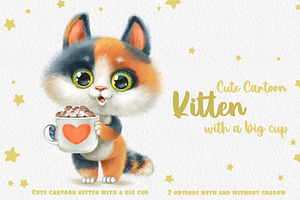 Multi-colored kitten with big cup, an Animal Illustration by Azuzlikus