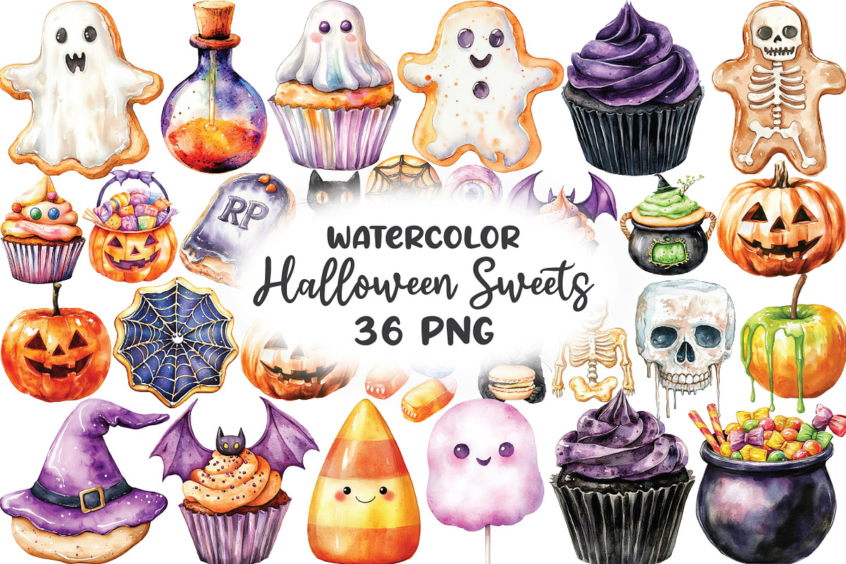 Watercolor Halloween Sweets Clipart, an Illustration by CraftArtStudio (Photo 1 of 6)